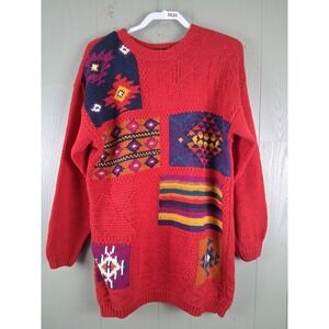 90s Vintage Chunky Womens Sweater M Cable Knit Retro Art To Wear Aztec 3D Knit